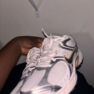 White and Silver Sneakers with Gold Accents